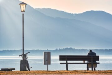 person, bench, lake